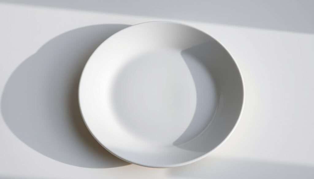 A high-quality ceramic plate in a clean, minimalist design, captured in a soft, diffused natural light. The plate is positioned centrally on a wooden table, with a simple gray or white background that allows the plate to be the focal point. The lighting is carefully angled to create subtle shadows and highlights, emphasizing the plate's shape and texture. The image has a crisp, elegant aesthetic, conveying a sense of simplicity and sophistication suitable for an article on creating picture-perfect food presentations at home.