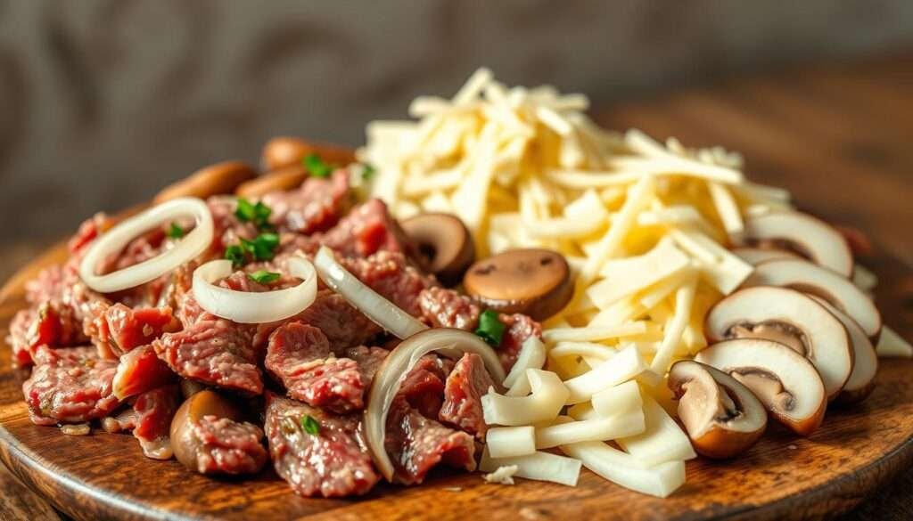 A high-quality close-up photograph of the key ingredients for a Philly cheesesteak bowl, captured under natural lighting with a shallow depth of field. In the foreground, freshly sliced pieces of tender beef, sautéed onions, and juicy mushrooms are artfully arranged on a wooden surface. The middle ground features a mix of shredded mozzarella cheese and sliced provolone, while the background subtly hints at a rustic, neutral-toned kitchen environment. The overall composition and lighting create a mouthwatering, appetizing atmosphere, inviting the viewer to imagine the delicious flavors and textures of this classic American dish.