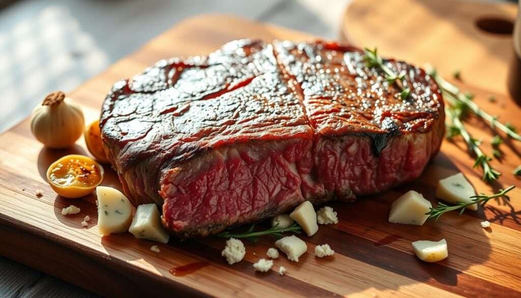 A juicy, medium-rare beef steak resting on a wooden cutting board, with a crisp sear on the surface and a glistening, ruby-red interior. The steak is surrounded by roasted garlic cloves, crumbled blue cheese, and a scattering of fresh thyme sprigs, creating a rustic, comfort food-inspired arrangement. Soft, warm light cascades across the scene, casting gentle shadows and evoking a cozy, inviting atmosphere. The overall composition emphasizes the rich, satisfying nature of the steak, ready to be savored as the centerpiece of a delectable keto-friendly meal.