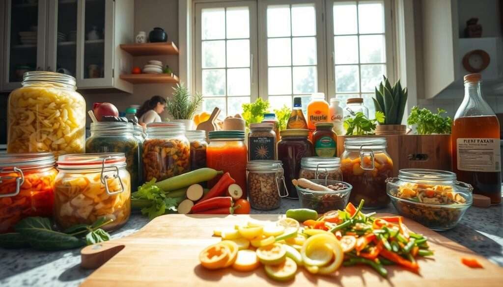 A kitchen counter overflowing with an array of fermented foods - sauerkraut, kimchi, pickled veggies, sourdough bread, and jars of kombucha. Sunlight filters in through large windows, illuminating the vibrant colors and textures. In the foreground, a cutting board with sliced ingredients ready for a recipe - perhaps a hearty lentil stew or a tangy veggie slaw. The scene exudes a sense of health, vitality, and culinary exploration. Captured with a wide-angle lens to highlight the abundance of fermented wonders, this image invites the viewer to dive into the world of gut-nourishing, flavor-packed dishes.