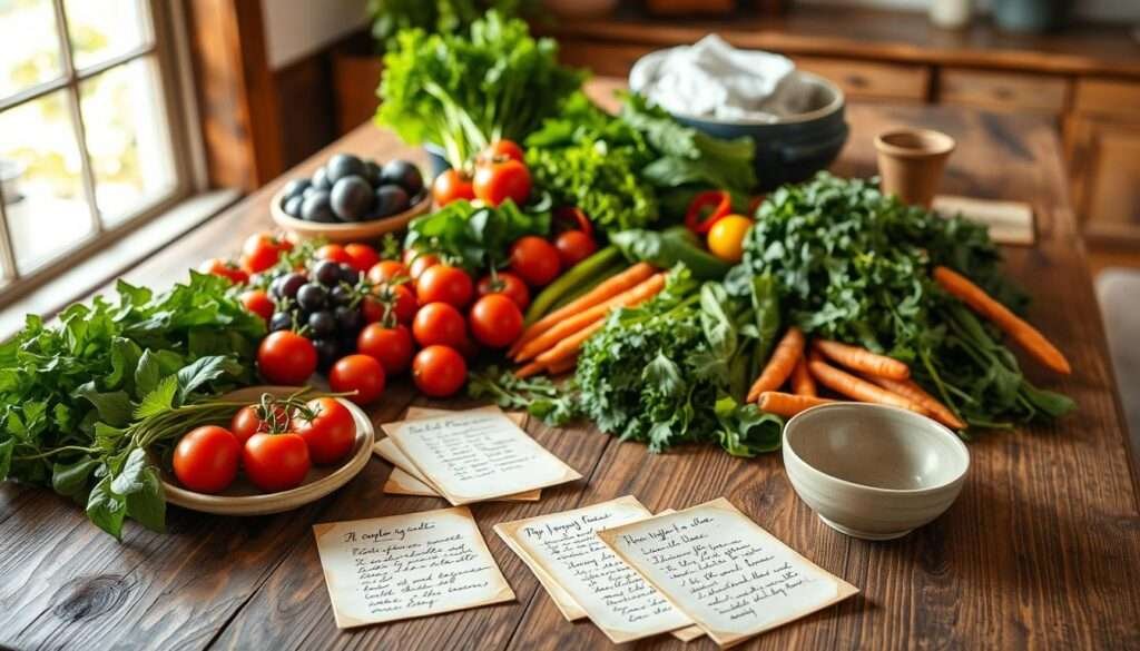 A large, rustic wooden table, its surface adorned with an assortment of fresh, vibrant ingredients - leafy greens, ripe tomatoes, crisp carrots, and fragrant herbs. In the foreground, a series of handwritten recipe cards, their edges slightly worn, sit alongside a set of elegant ceramic bowls and utensils. Warm, natural lighting filters through a nearby window, casting a soft glow over the scene and highlighting the textures of the ingredients. The overall atmosphere conveys a sense of simplicity, authenticity, and a dedication to creating nourishing, zero-waste meals from every part of the available resources.