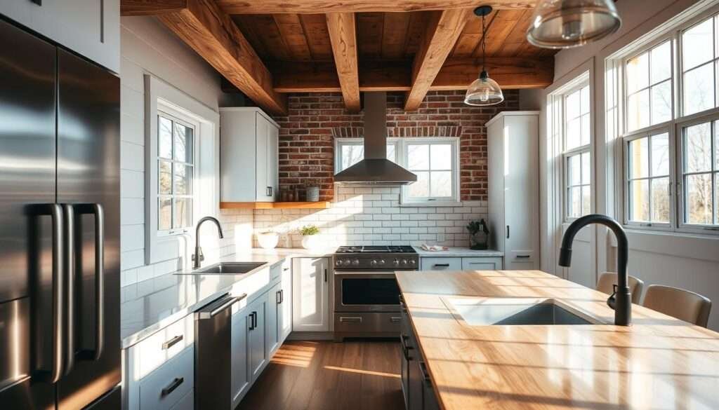 A light-filled modern farmhouse kitchen, the countertops bathed in warm, natural light. Rough-hewn wooden beams and shiplap walls create a rustic charm, while sleek stainless steel appliances and minimalist cabinets lend a contemporary edge. The textured backsplash, a blend of reclaimed brick and white subway tiles, adds visual interest. Sunlight streams through large windows, casting a soft glow on the mix of textures - the smooth marble countertops, the weathered wooden surfaces, the matte black hardware. An inviting, harmonious space where old and new seamlessly converge.