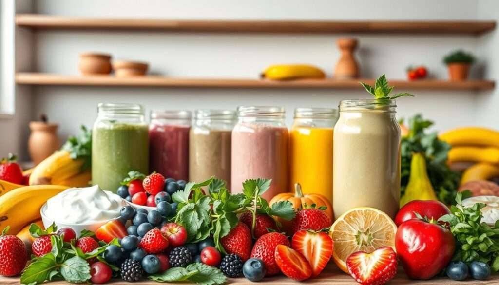 A lush, vibrant arrangement of tempting smoothie recipes set against a soft, natural backdrop. In the foreground, an assortment of fresh fruits, berries, leafy greens, and creamy yogurt are carefully positioned, inviting the viewer to imagine the delicious flavors. The middle ground features several glass jars filled with colorful smoothies, their vibrant hues and enticing textures drawing the eye. In the background, a serene, minimalist kitchen setting with wooden shelves and natural light creates a calming, wholesome atmosphere. The lighting is soft and diffused, accentuating the natural tones and textures of the ingredients. The overall composition exudes a sense of health, wellness, and indulgence, perfectly capturing the essence of "My Favorite Weight-Loss Smoothie Recipes".