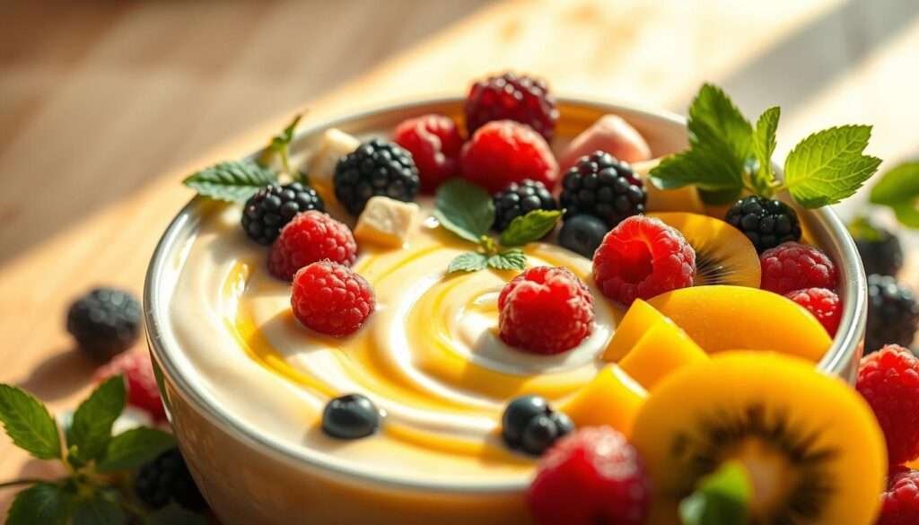 A lush, vibrant smoothie bowl overflows with an array of fresh, natural ingredients. In the foreground, a creamy blend of banana, mango, and coconut milk swirls together, capturing the essence of tropical sweetness. Scattered throughout are plump raspberries, juicy blackberries, and vibrant kiwi slices, each bursting with color and flavor. The background features a soft, airy backdrop, illuminated by warm, natural lighting that casts a gentle glow over the scene. The overall composition exudes a sense of balance, harmony, and the pure, unadulterated deliciousness of a healthy, homemade smoothie.