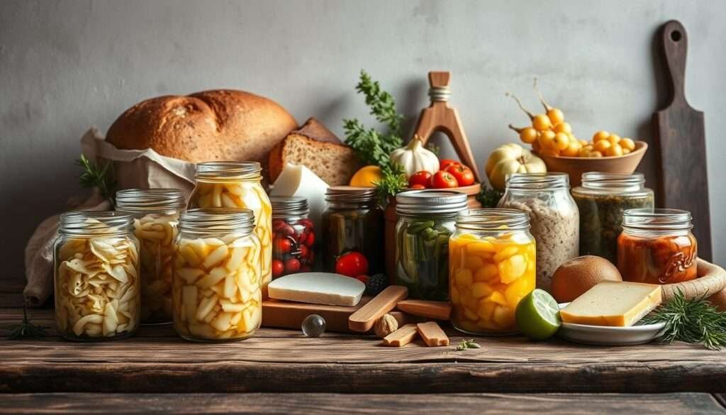A masterfully composed still life, showcasing an array of fermented foods arranged on a rustic wooden table. In the foreground, a selection of jars and crocks containing sauerkraut, kimchi, and other gut-friendly ferments, bathed in soft, natural light. The middle ground features a collection of freshly baked bread, artisanal cheeses, and a variety of seasonal produce, creating a harmonious palette of earthy tones. In the background, a simple, neutral-toned wall provides a clean backdrop, allowing the vibrant colors and textures of the fermented delicacies to take center stage. The overall scene exudes a sense of culinary expertise, health-consciousness, and a celebration of the transformative power of fermentation.