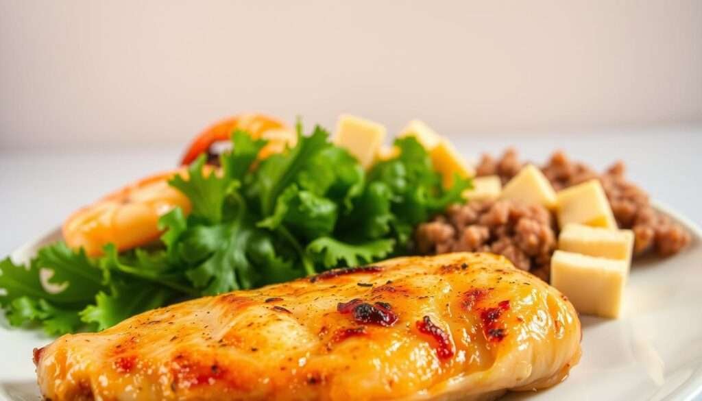 A meticulously arranged plate showcasing a delectable "sample day protein" selection. In the foreground, an expertly cooked chicken breast sizzles under warm, golden lighting, its surface glistening with a subtle seasoning. Surrounding it, a variety of protein-rich ingredients are carefully placed, including succulent shrimp, crisp-edged tofu cubes, and a hearty portion of lean ground beef. The middle ground features a bed of fresh, vibrant greens, their leaves gently curling to create a visually appealing composition. In the background, a minimalist, neutral-toned backdrop allows the vibrant colors and textures of the proteins to take center stage, conveying a sense of simplicity and focus on the nutritional value. The overall scene exudes a clean, wholesome, and appetizing atmosphere, perfectly capturing the essence of a balanced, high-protein meal.