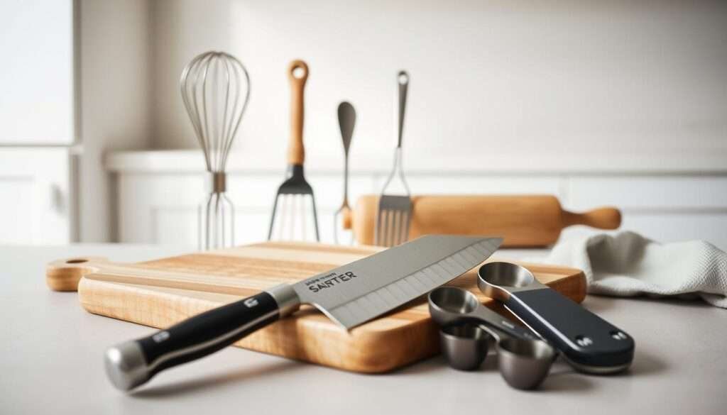 A meticulously arranged still life of essential kitchen tools for everyday cooking, captured in a soft, natural light and a minimalist composition. In the foreground, a sharp chef's knife, a sturdy wooden cutting board, and a set of measuring spoons rest on a neutral-toned surface. In the middle ground, a sleek stainless steel whisk, a versatile spatula, and a classic rolling pin stand out against a backdrop of clean, white cabinetry. The overall mood is one of simple elegance and functionality, conveying the tools' importance in the creation of delicious, nourishing meals.