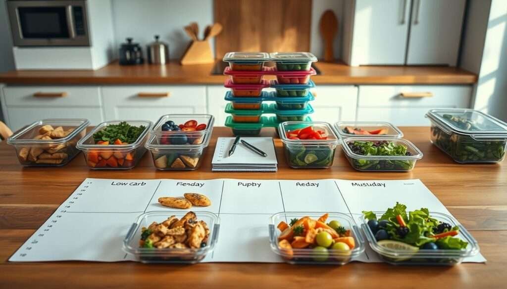 A meticulously organized weekly meal plan laid out on a wooden table, illuminated by warm, natural lighting. In the foreground, a crisp, clean layout showcases a grid of daily meal options - balanced, low-carb, high-protein dishes like grilled chicken, roasted vegetables, and leafy green salads. The middle ground features neatly stacked containers, color-coded for each day, alongside a notebook with handwritten notes. In the background, a minimalist kitchen scene with simple appliances and utensils, conveying a sense of efficiency and intentionality. The overall atmosphere is one of calm, organized productivity - an inspirational framework for achieving fat loss goals through thoughtful, nutritious meal planning.