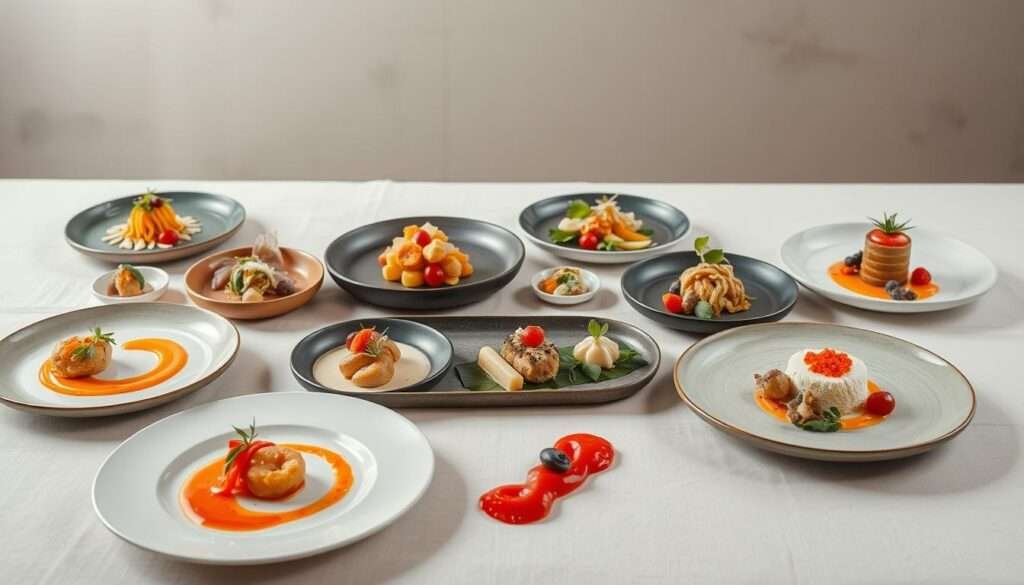 A meticulously styled food presentation on a modern, minimalist table setting. In the foreground, an arrangement of beautifully plated dishes showcasing various artistic plating techniques - precise swoops of vibrant sauces, delicate garnishes that add pops of color and texture, and thoughtfully placed elements that create a sense of balance and visual intrigue. The middle ground features a neutral-toned backdrop, perhaps a plain linen or smooth wood surface, allowing the food to take center stage. Soft, diffused lighting from above casts gentle shadows and highlights the carefully crafted compositions. The overall mood is one of elegant simplicity, where the focus is on the artistry of the food presentation itself.