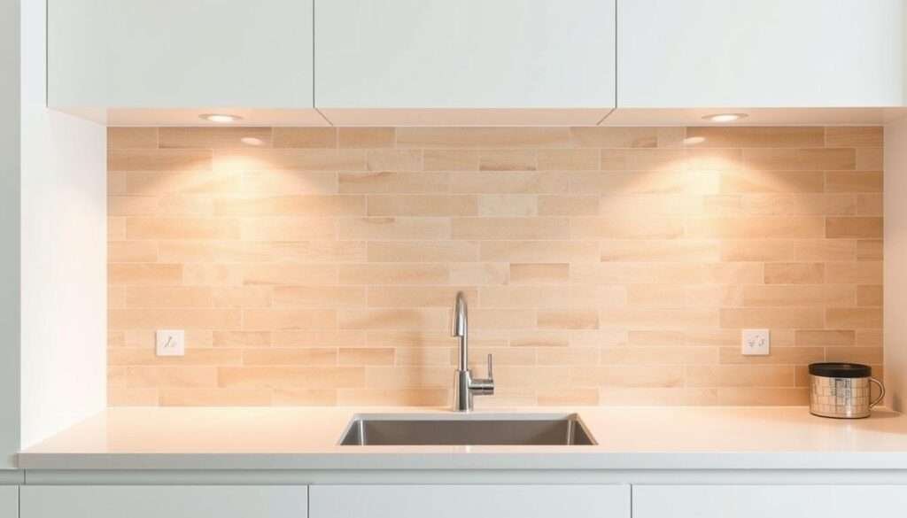 A minimalist, modern kitchen backsplash made of warm-toned natural stone tiles, arranged in a herringbone pattern that creates a subtle visual texture. The tiles are illuminated by soft, indirect lighting, casting gentle shadows that accentuate the depth and dimension of the material. The backsplash takes up the entire wall space above the countertop, creating a seamless, cohesive design that visually expands the small dining area. The overall atmosphere is one of clean, refined elegance, with the backsplash serving as a sophisticated, yet practical, design element that ties the whole space together.