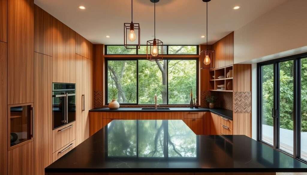 A modern, U-shaped kitchen design featuring sleek, minimalist cabinetry in a warm, natural wood tone. The countertops are a striking, matte black quartz, complemented by a herringbone tile backsplash in earthy tones. Pendant lights with clean, geometric silhouettes hang above a central island, casting a warm, ambient glow. Large, picture windows allow for ample natural light, blending the interior seamlessly with the lush, green foliage visible outside. The overall atmosphere is one of sophisticated, yet inviting, Bohemian elegance.