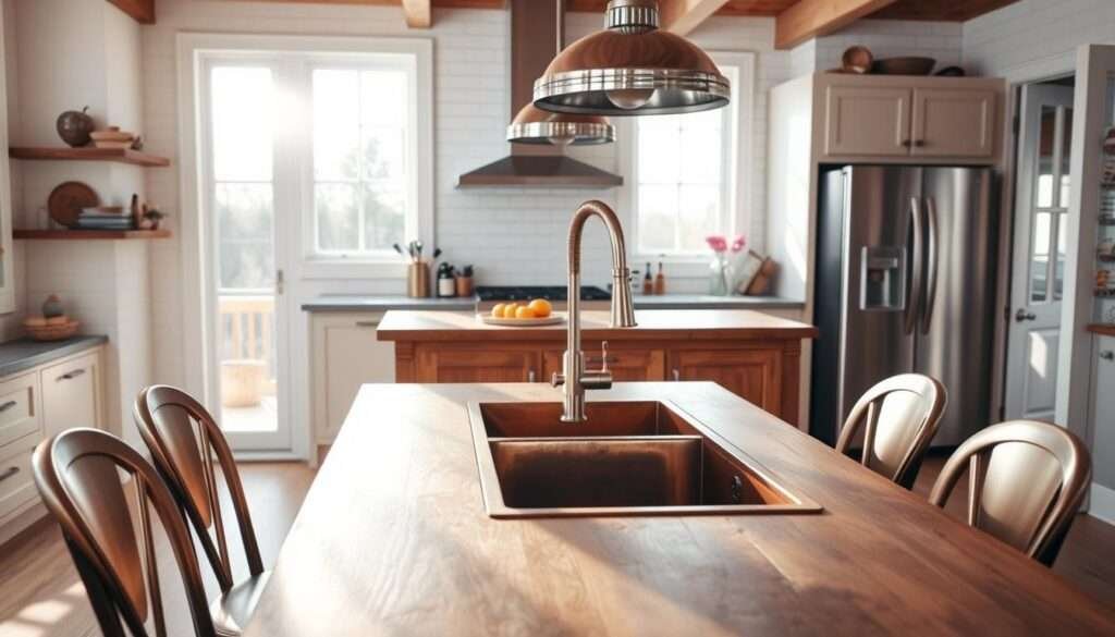 A modern farmhouse kitchen with warm metallic accents. Sleek stainless steel appliances and hardware gleam against a backdrop of natural wood and white subway tiles. Polished chrome pendant lights cast a soft glow over a rustic wooden dining table, complemented by metallic dining chairs. In the foreground, a copper farmhouse sink reflects the afternoon sunlight pouring in through large windows. The scene radiates a harmonious blend of rustic charm and contemporary sophistication, creating a cozy and inviting atmosphere.
