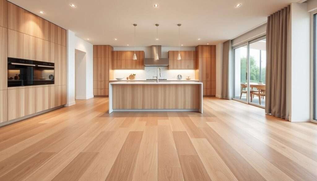A modern, inviting kitchen with a warm and natural aesthetic. The flooring is a sleek, light-colored wood plank that spans the room, creating a cohesive and harmonious foundation. Soft, diffused lighting from overhead fixtures casts a gentle glow, accentuating the wood's rich tones and highlighting the clean, minimalist design. The middle ground features a central island or breakfast bar, its surface a complementary material like quartz or marble, seamlessly blending with the flooring. The background showcases the kitchen's surroundings, perhaps with a view of an adjacent dining area or living space, further emphasizing the open, airy feel of the space.