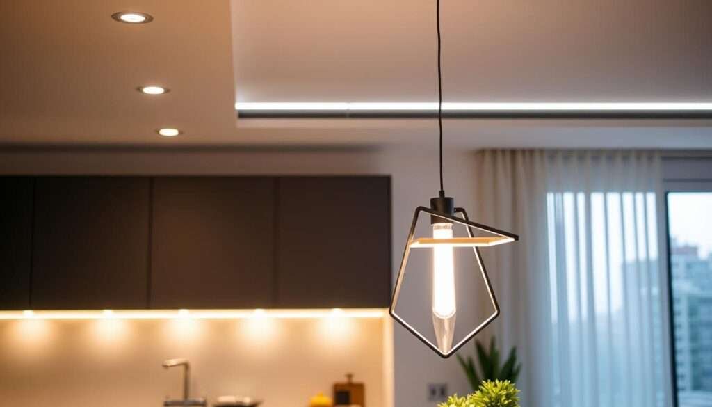 A modern kitchen interior with a carefully layered lighting design. In the foreground, a series of recessed LED downlights cast a warm, even glow across the countertops and backsplash. In the middle ground, a linear LED strip runs along the underside of the upper cabinets, creating a soft, ambient light that accentuates the depth of the space. In the background, a suspended pendant light fixture with an angular, minimalist silhouette hangs above the dining table, providing a focused, task-oriented illumination. The overall lighting scheme achieves a harmonious balance of functional and decorative elements, creating a visually striking and practical kitchen environment.
