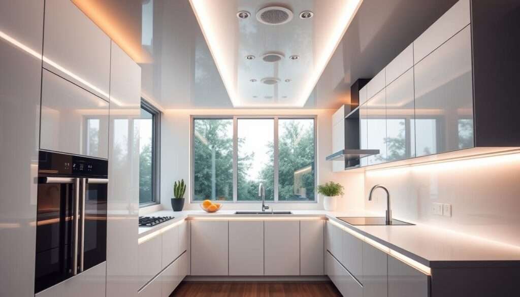 A modern kitchen with sleek, integrated LED lighting channels running along the ceiling and cabinet edges, casting a warm, ambient glow throughout the space. The kitchen features a minimalist, high-gloss white color scheme with clean lines and a high-tech aesthetic. Recessed LED lights are seamlessly incorporated into the cabinetry and countertops, providing task lighting and highlighting the kitchen's modern, streamlined design. The lighting is controlled by a smart home interface, allowing for customizable brightness and color temperature settings to suit the mood and task at hand. Large windows flood the kitchen with natural daylight, creating a bright and airy atmosphere that is accentuated by the efficient, energy-saving LED illumination.