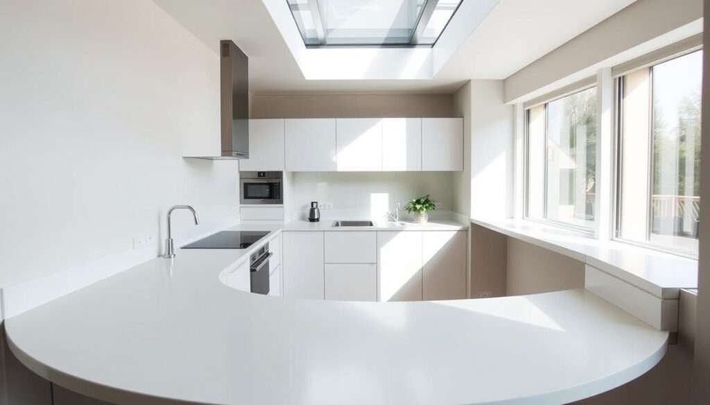 A modern, minimalist kitchen with a sleek, curved countertop that wraps around a compact, L-shaped layout. The countertop is made of a smooth, light-colored material, possibly quartz or marble, creating a seamless, elegant look. The kitchen is bathed in soft, natural lighting, with large windows or skylights that allow the sunlight to filter in. The cabinets and appliances are integrated into the design, creating a streamlined, clutter-free appearance. The overall atmosphere is calm, inviting, and perfect for a small, efficient kitchen space.