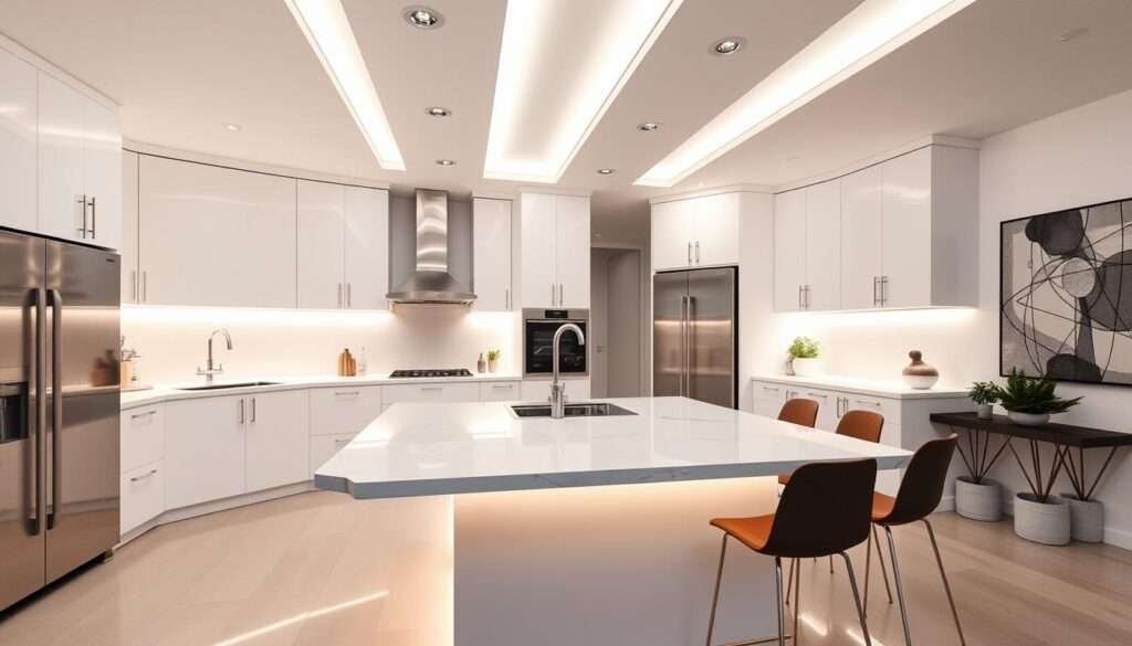 A modern, minimalist kitchen with sleek, integrated LED lighting channels recessed into the ceiling, casting a warm, ambient glow across the space. The kitchen features clean, white cabinets and countertops, accented by chrome fixtures and a stainless steel appliance suite. A large, central island with a waterfall quartz edge serves as the focal point, surrounded by modern, backless barstools. Recessed LED strips illuminate the underside of the cabinets, creating a soft, even light that highlights the textural details of the decor. Potted greenery and a modern, abstract wall art piece add touches of natural and artistic flair, complementing the futuristic lighting design.