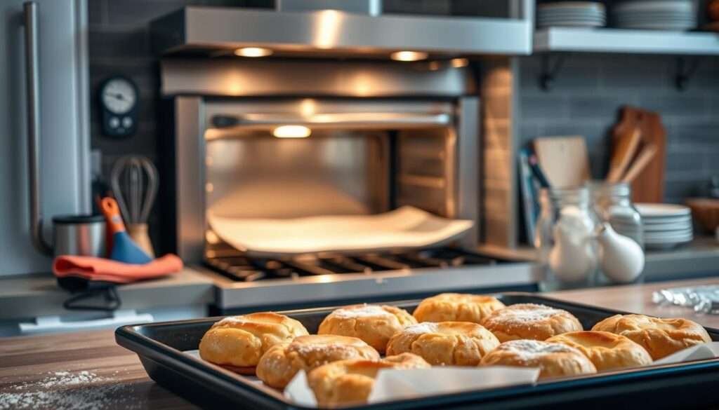 A modern, well-equipped kitchen counter with an open, stainless steel oven and baking essentials artfully arranged. Soft, warm lighting casts a cozy glow, highlighting a mix of trusty tools - silicone baking mats, a digital thermometer, a whisk, and a dusting of flour on the surface. In the foreground, a tray of freshly baked gluten-free treats, their golden crusts glistening invitingly. The scene exudes a sense of expertise, comfort, and the satisfying process of mastering gluten-free baking at home.