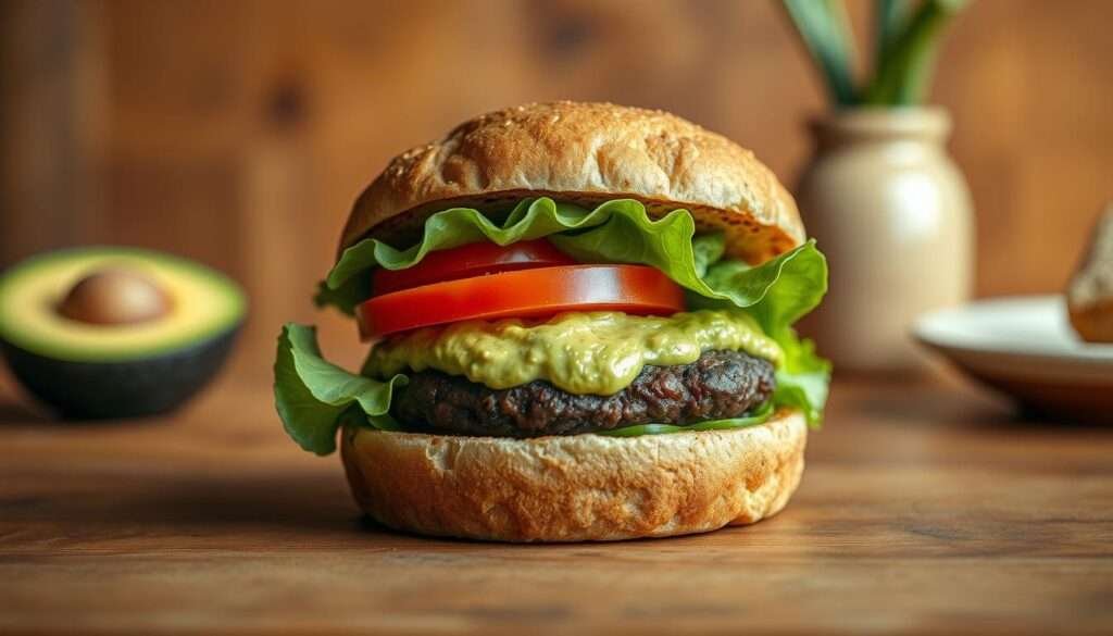 A mouthwatering black bean burger nestled between toasted whole-wheat buns, its patty glistening with a light char. Crisp lettuce leaves, sliced tomatoes, and a creamy avocado spread adorn the burger, complementing its savory flavors. The scene is illuminated by warm, natural lighting, casting a cozy, inviting atmosphere. The burger is captured from a slightly elevated angle, showcasing its layers and texture. In the background, a simple wooden table with a minimal, rustic aesthetic provides the perfect backdrop, emphasizing the wholesome, homemade nature of this high-protein vegetarian dinner.