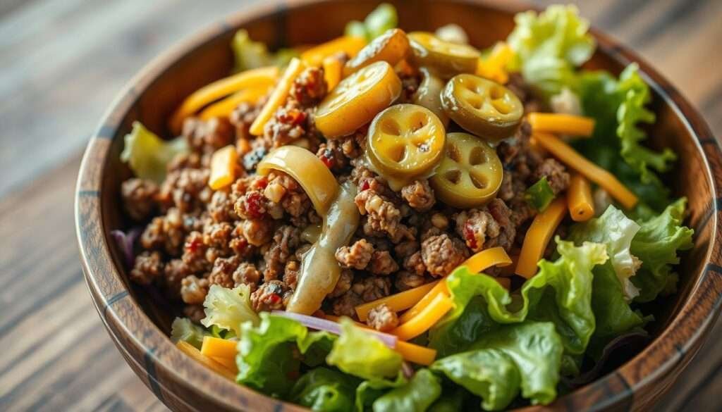 A mouthwatering cheeseburger chopped salad, captured under soft, diffused lighting with a shallow depth of field. Crisp lettuce, juicy ground beef, melted cheddar, tangy pickles, and a drizzle of creamy dill vinaigrette artfully arranged in a rustic wooden bowl. The savory aroma and vibrant colors evoke comfort and nostalgia, while the modern presentation elevates this classic dish. Captured from a high angle, emphasizing the layers of flavors and textures, creating a visually appetizing scene that beckons the viewer to dig in.