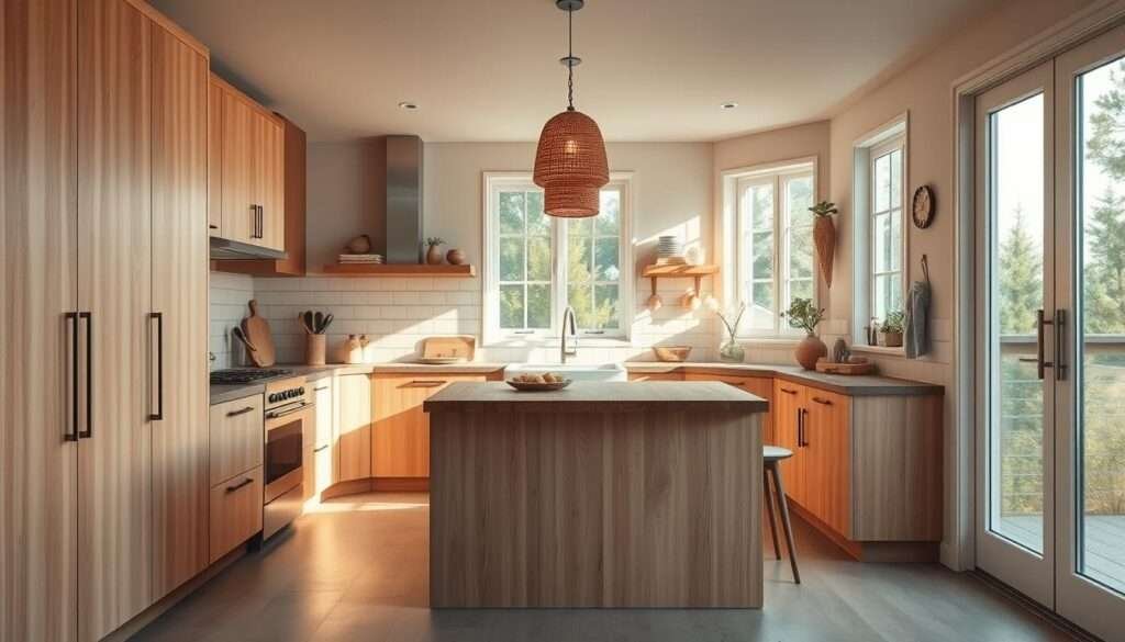 A narrow U-shaped kitchen with warm, natural lighting streaming through large windows. The sleek, minimalist cabinets in a light wood tone flow seamlessly along the curved walls, creating an efficient and inviting work triangle. A central island with a butcher block top provides additional counter space and seating, while subtle bohemian accents, like woven pendant lights and a vintage-inspired tile backsplash, lend a touch of rustic charm. The overall composition emphasizes a harmonious, open-concept layout that maximizes the available space and encourages a relaxed, farmhouse-inspired ambiance.