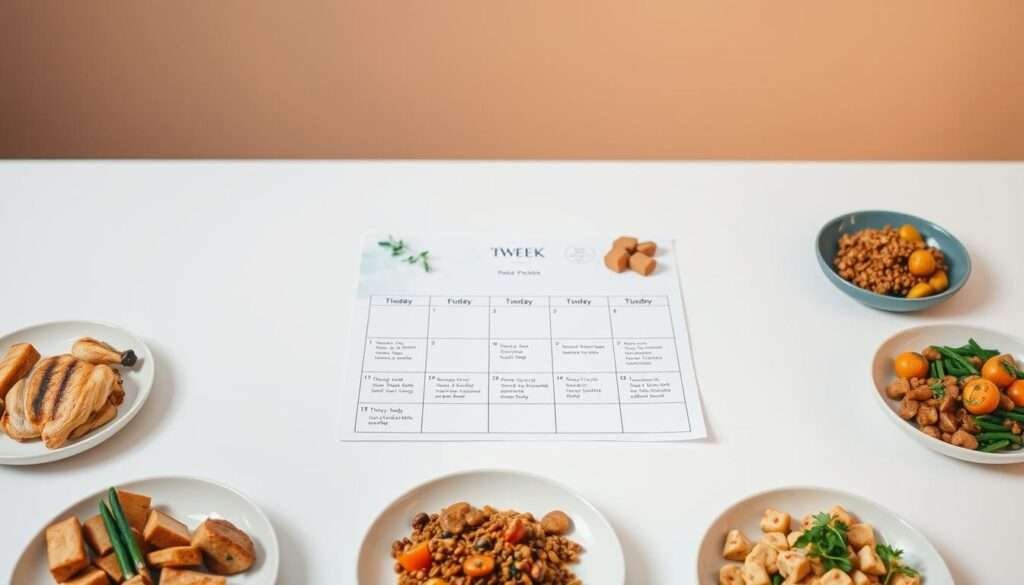 A neatly arranged 7-day meal plan showcasing high-protein dinner options, displayed on a clean, minimalist surface. In the foreground, a series of plates or bowls depicting various dishes - grilled chicken, roasted salmon, lentil stew, tofu stir-fry, and more. The middle ground features a calendar-style layout with the days of the week clearly marked, hinting at the meal plan structure. The background is a soft, muted tone, allowing the food and layout to take center stage. The lighting is warm and natural, creating a welcoming and appetizing atmosphere. The overall composition is visually appealing, well-organized, and representative of a practical, high-protein dinner meal plan.