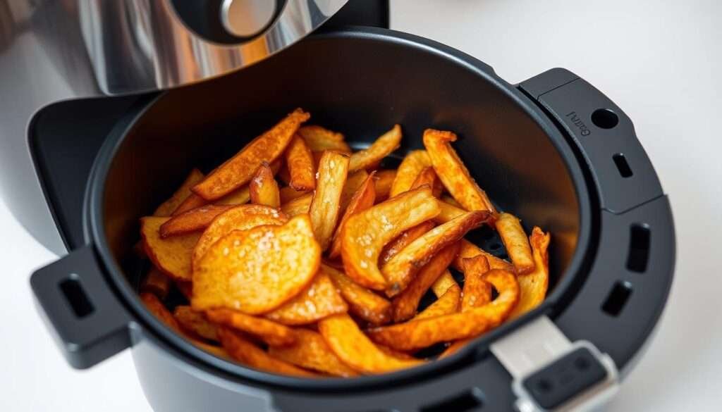 A neatly arranged air fryer on a pristine white countertop, its sleek metallic finish gleaming under the soft, diffused lighting. Inside, an array of perfectly golden-brown, crispy fries or vegetable chips, their surfaces lightly dusted with sea salt. The fryer's transparent glass door allows a clear view of the evenly cooked, healthful contents. The scene exudes a sense of simplicity and efficiency, capturing the essence of how an air fryer can transform ordinary ingredients into delectable, guilt-free snacks.