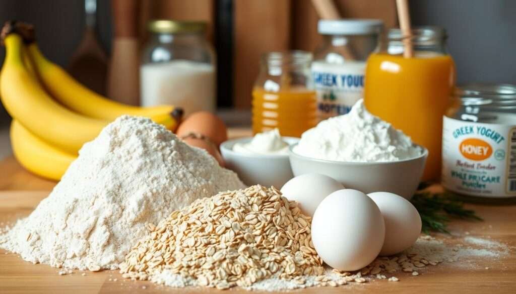 A neatly arranged assortment of ingredients for protein-rich muffins, illuminated by soft, natural lighting and captured from a slightly elevated angle. In the foreground, a mix of whole wheat flour, oats, whey protein powder, and eggs nestled atop a wooden surface. In the middle ground, ripe bananas, Greek yogurt, and a jar of honey stand out against a subtle background of kitchen utensils. The overall composition conveys a sense of wholesome, nutritious preparation, inviting the viewer to envision the healthy muffins to be created from these fresh, high-quality components.