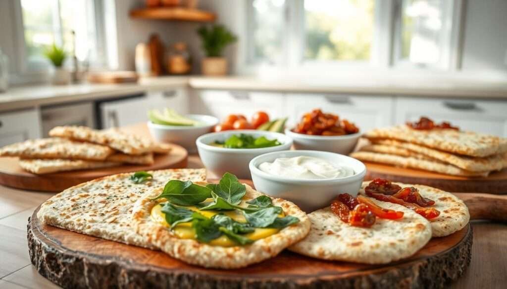 A neatly arranged assortment of keto-friendly, dairy-free flatbread variations. In the foreground, slices of almond flour flatbread, spinach and herb flatbread, and coconut flour flatbread are displayed on a rustic wooden board. In the middle ground, a variety of dipping sauces and toppings, such as garlic-herb olive oil, creamy avocado dip, and sun-dried tomato pesto, are placed around the flatbreads. The background features a minimalist kitchen setting with natural lighting streaming in from a large window, creating a warm, inviting atmosphere. The overall composition emphasizes the diversity and versatility of these nutritious, low-carb flatbread options.