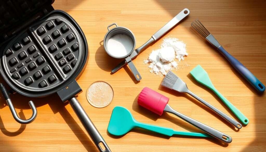 A neatly arranged assortment of professional waffle maker tools, including a stainless steel waffle iron with a non-stick surface, a long-handled waffle turner, a small sifter for dusting powdered sugar, and a set of silicone pastry brushes in various colors. The tools are presented on a clean, wooden surface, with warm, natural lighting illuminating the scene. The overall composition conveys a sense of culinary expertise and the essentials needed to create delicious, homemade waffles.