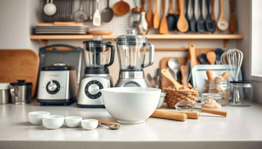 A neatly arranged collection of baking tools and equipment for creating delicious protein-rich snacks. In the foreground, a set of measuring cups, spoons, and a mixing bowl sit atop a clean, light-colored countertop. In the middle ground, a high-powered blender, a food processor, and a hand mixer are positioned, ready to tackle various ingredient preparations. The background features an array of baking sheets, whisks, spatulas, and other essential utensils, all illuminated by warm, natural lighting from a nearby window. The overall scene conveys a sense of organization, efficiency, and culinary expertise, perfectly suited for crafting healthy, protein-packed treats.