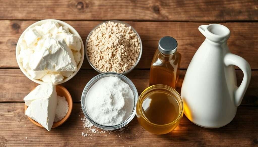 A neatly arranged composition of cottage cheese, whole wheat flour, baking powder, salt, and olive oil, set against a rustic wooden surface. The ingredients are well-lit, creating a warm, inviting atmosphere. The camera angle is slightly angled, providing a visually appealing perspective. The overall mood is one of simplicity and wholesome goodness, reflecting the homemade nature of the cottage cheese flatbread. The image conveys the essential elements needed to create this high-protein and delicious dish.