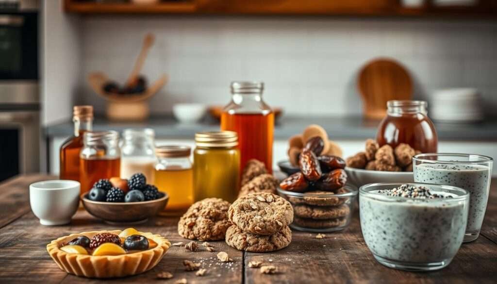 A neatly arranged display of various natural sweeteners, such as honey, maple syrup, and dates, in glass jars and bowls, placed on a rustic wooden table. Warm, soft lighting illuminates the scene, casting a cozy, inviting atmosphere. In the foreground, an assortment of healthy desserts, such as fruit tarts, oatmeal cookies, and chia pudding, are artfully presented, showcasing the use of these natural sweeteners. The background features a minimalist kitchen setting, with a blurred, out-of-focus backdrop, allowing the focus to remain on the desserts and natural sweeteners. The overall scene conveys a sense of wellness, simplicity, and the beauty of using natural ingredients to create delicious, healthy treats.