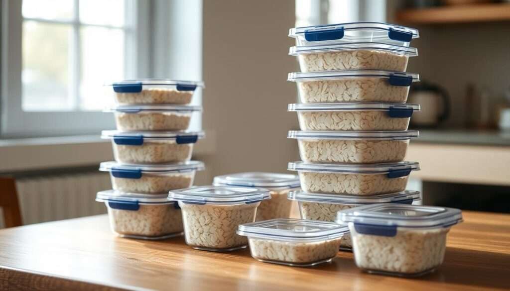 A neatly arranged set of clear plastic meal prep containers on a wooden table, illuminated by soft, natural light filtering through a window. The containers are stacked in a visually appealing manner, showcasing their various compartments and lids. The containers are clean, organized, and ready to be filled with healthy, high-protein overnight oats. The overall atmosphere evokes a sense of freshness, efficiency, and meal preparation for the week ahead.