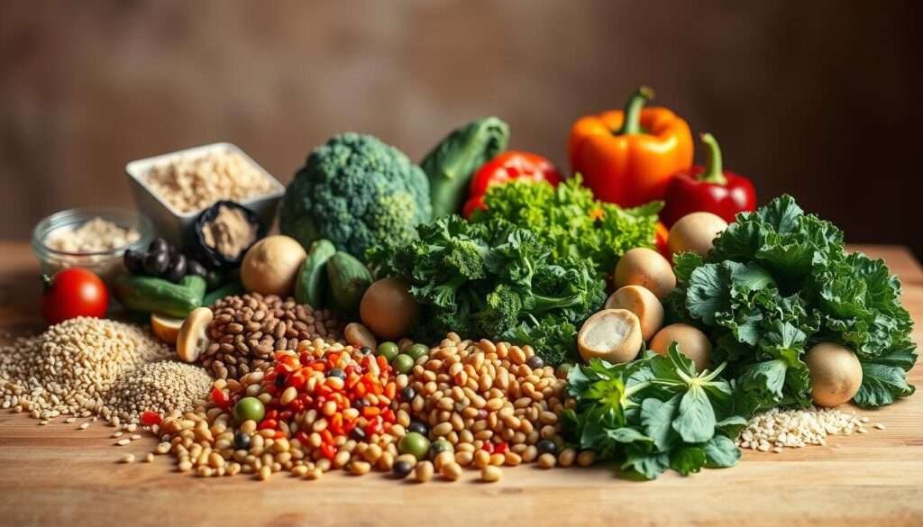 A neatly arranged still life of fresh, high-protein vegetarian ingredients, captured in a soft, natural light. In the foreground, an assortment of whole grains, legumes, and leafy greens, artfully displayed on a wooden table. In the middle ground, an array of colorful vegetables, such as broccoli, bell peppers, and mushrooms, complementing the primary ingredients. In the background, a subtle gradient of earthy tones, creating a sense of depth and warmth. The composition is balanced, with a focus on the variety and quality of the meal plan components, conveying a sense of wholesome, plant-based nutrition.