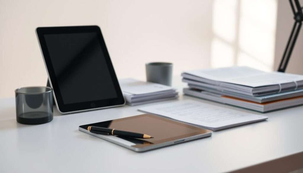 A neatly organized desk with a pen, a stack of papers, and a digital tablet, set against a minimalist background. The lighting is soft and diffused, creating a warm and productive atmosphere. The angle is slightly elevated, giving a bird's-eye view of the workspace, emphasizing the sense of planning and preparation. The overall mood is one of focus, efficiency, and a well-thought-out strategy for the virtual dinner party.