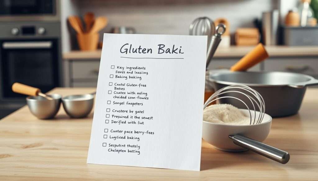 A neatly organized gluten baking checklist, arranged on a light wooden surface with warm, diffused lighting. In the foreground, a clean white paper checklist outlines key ingredients and steps for gluten-free baking, with tidy handwritten notes. In the middle ground, various baking supplies are artfully displayed, such as measuring cups, a whisk, and a baking dish. The background features a slightly blurred, cozy kitchen environment, with hints of appliances and utensils visible. The overall mood is one of calm, focused preparation for a delicious gluten-free baking endeavor.