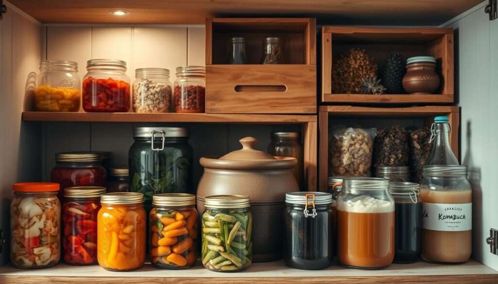 A neatly organized pantry shelf, softly lit from above, showcasing an assortment of fermented foods. In the foreground, glass jars filled with homemade sauerkraut, kimchi, and pickled vegetables in vibrant hues. The middle ground features earthenware crocks with bubbling sourdough starter and fermenting kombucha. In the background, wooden crates brimming with fragrant spices, dried herbs, and other fermentation essentials. The scene exudes an aura of culinary expertise, wellness, and the flavorful possibilities of embracing gut-healthy fermented ingredients.