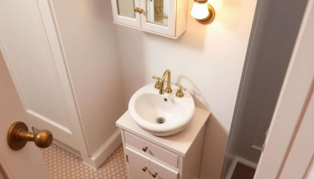 A petite pedestal sink with delicate brass fixtures sits atop a petite vanity, its drawers adorned with miniature pulls. The faucet's elegant arc reflects the warm glow of a vintage-style sconce, casting a soft light over the diminutive space. A tiny medicine cabinet with mirrored doors floats above, its frame a study in sleek, understated design. Underfoot, diminutive hexagonal tiles in a muted palette create a subtly patterned foundation, complementing the room's refined, compact aesthetic. This diminutive but impactful plumbing ensemble packs a stylish punch, proving that even the tiniest of hardware can make a substantial design statement.