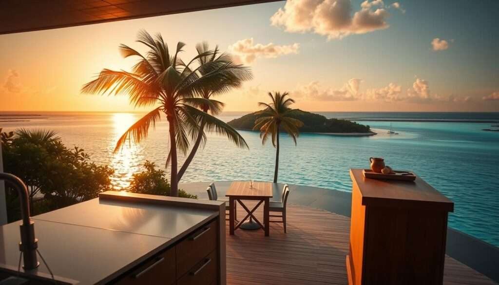 A picturesque island oasis, shrouded in a warm golden glow from the setting sun. The foreground features a compact, yet functional kitchen counter and bar, seamlessly integrated into the landscape. The middle ground showcases a small, yet cozy dining area, with a wooden table and minimalist chairs. In the background, lush palm trees sway gently, framing the serene azure waters of the lagoon. The scene exudes a relaxed, yet sophisticated atmosphere, perfect for enjoying a intimate meal in a tiny kitchen space.