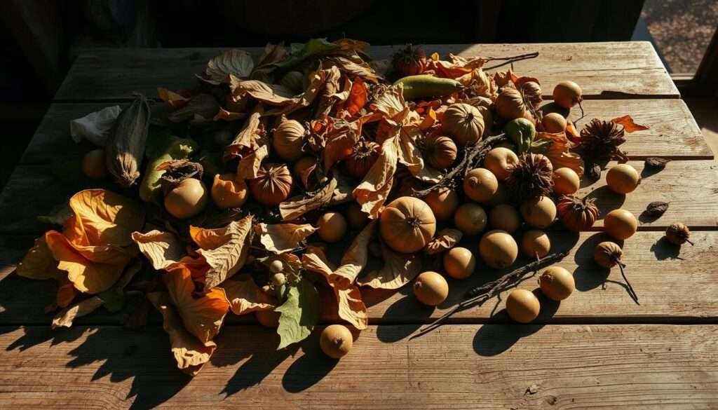 A pile of discarded produce, wilted leaves, and rotting fruit lie on a weathered wooden table, casting long shadows in the warm, afternoon sunlight. The scene conveys a sense of neglect and environmental waste, a stark contrast to the abundance of the harvest. The lighting is soft and diffused, creating a somber, almost melancholic mood. The camera angle is slightly elevated, allowing the viewer to survey the scene with a sense of detachment and contemplation. This image serves as a poignant reminder of the importance of utilizing every part of our ingredients and minimizing food waste to achieve true sustainability in our cooking and daily lives.