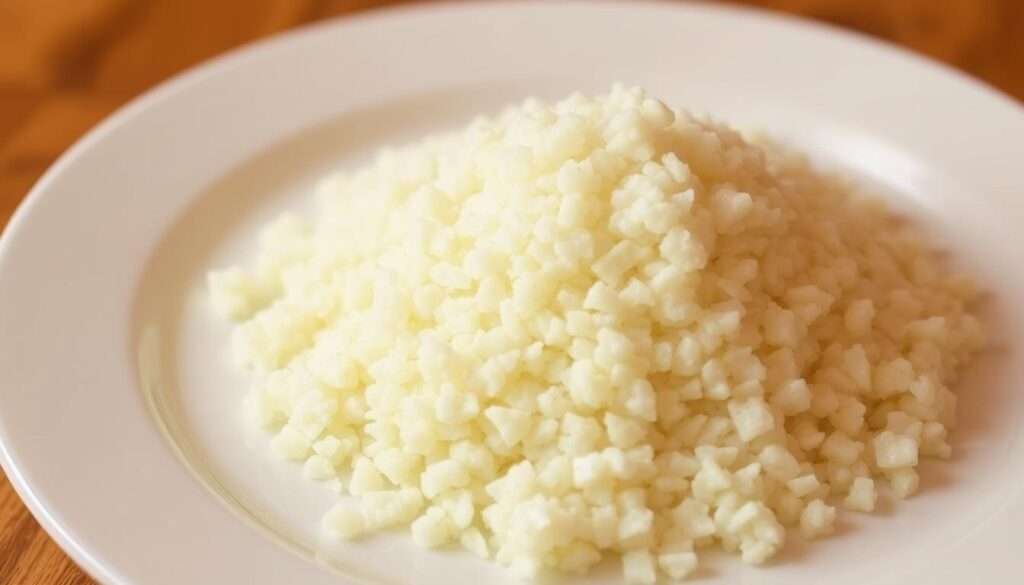 A pristine plate featuring a mound of finely chopped cauliflower, its snowy white florets glistening under the warm, diffused lighting. The texture is grainy yet delicate, with an inviting, fluffy appearance. The cauliflower rice is neatly arranged, creating an aesthetically pleasing, minimalist composition that emphasizes its simplicity and versatility as a keto-friendly pantry staple. The image conveys a sense of culinary expertise and healthful indulgence, perfectly complementing the article's focus on easy, delicious keto cooking.
