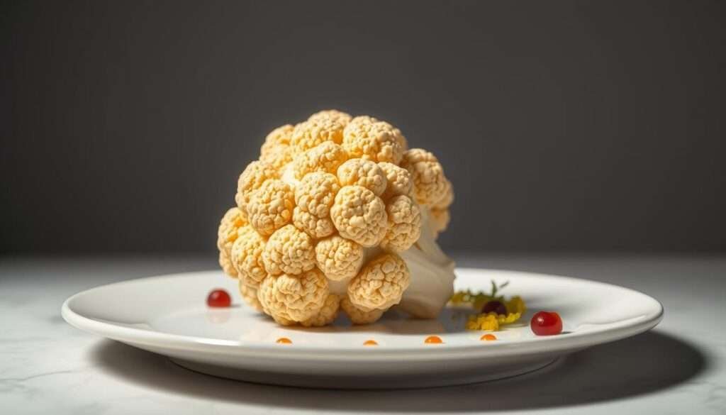 A pristine white plate showcases a meticulously arranged cauliflower floret, its craggy surface gleaming under dramatic studio lighting. The cauliflower is positioned at a slight angle, revealing its intricate patterns and textures in high detail. The background is a minimalist, soft-focus expanse, allowing the cauliflower to take center stage as the star of the composition. Hints of complementary garnishes or sauces surround the floret, hinting at the gourmet presentation. The overall scene exudes a sense of refined simplicity and elevated culinary artistry, perfectly capturing the essence of the "Presentation Matters" section.