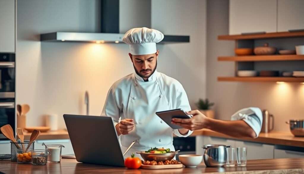 A professional chef standing before a modern kitchen counter, wearing a crisp white apron and chef's hat. The counter is cluttered with various cooking utensils, measuring cups, and a laptop displaying a recipe website. The chef is using a digital tablet to scroll through the recipe, with a focused expression as they prepare to bring the dish to life. Warm, soft lighting illuminates the scene, creating a cozy, inviting atmosphere. The background features stylized, blurred kitchen appliances and shelves, hinting at a well-equipped and organized workspace. The overall impression is one of a dedicated, tech-savvy recipe creator, seamlessly blending traditional culinary skills with digital tools to craft delectable dishes.