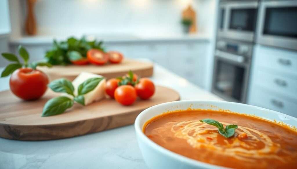 A rich, creamy tomato basil soup in a modern, elegant setting. In the foreground, a bowl of the steaming soup, garnished with fresh basil leaves and a drizzle of olive oil, capturing the essence of traditional comfort food. The middle ground features a cutting board with sliced tomatoes, fresh basil, and a Parmesan wedge, hinting at the simple, wholesome ingredients. The background showcases a minimalist, light-filled kitchen, with stainless steel appliances and soft, diffused lighting, creating a sense of modernity and efficiency. The overall mood is one of warmth, nourishment, and a contemporary twist on a classic dish.