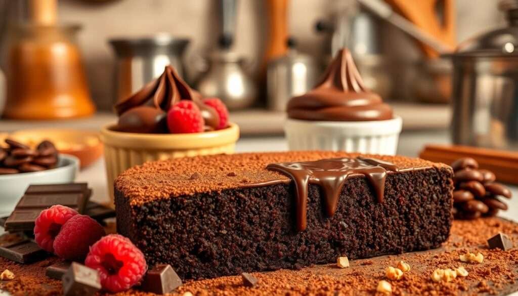 A richly detailed chocolate dessert, set against a backdrop of a warm, cozy kitchen. In the foreground, a decadent flourless chocolate cake, its glistening surface adorned with a dusting of cocoa powder and a drizzle of glossy chocolate ganache. Surrounding the cake, an assortment of chocolate-inspired elements - shards of dark chocolate, fresh raspberries, a sprinkle of crunchy chopped nuts. The middle ground features a towering chocolate soufflé, its delicate peaks emerging from a ramekin, steam gently rising. In the background, a glimpse of baking implements and ingredients, hinting at the process of creating these indulgent treats. Soft, warm lighting casts a comforting glow, evoking the cozy atmosphere of a well-appointed home kitchen.