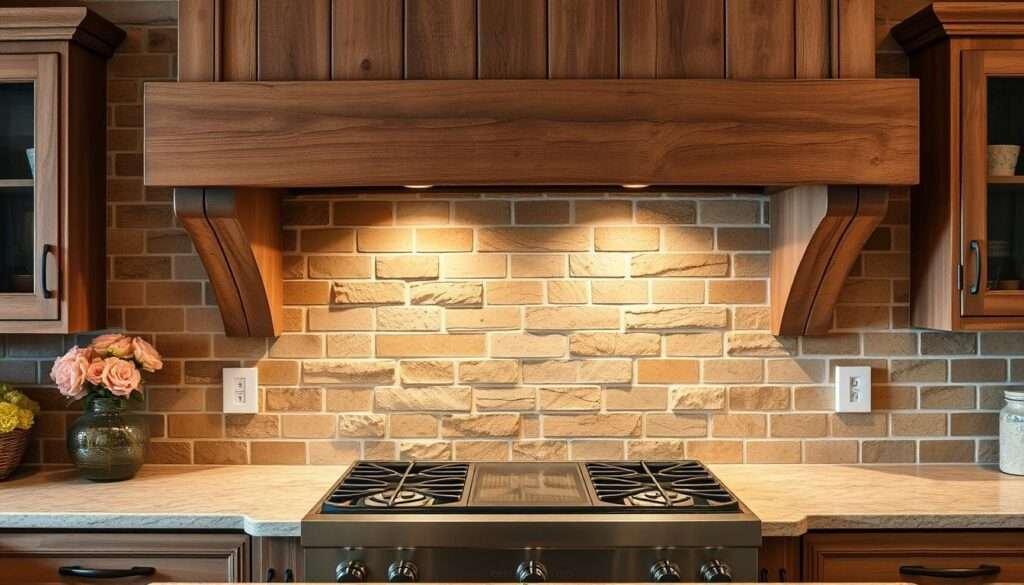 A rustic country kitchen backsplash in a warm, inviting atmosphere. Detailed natural stone tiles in earthy tones of brown, ochre, and terracotta, with subtle textures and patterns. Weathered wood beams and distressed cabinetry frame the backsplash, creating a cozy, farmhouse-inspired aesthetic. Soft, diffused lighting casts gentle shadows, highlighting the unique character of the handcrafted tiles. The backsplash is the focal point, seamlessly blending with the overall rustic charm of the kitchen design. A perfect complement to the country chic ambiance of this remodeled space.