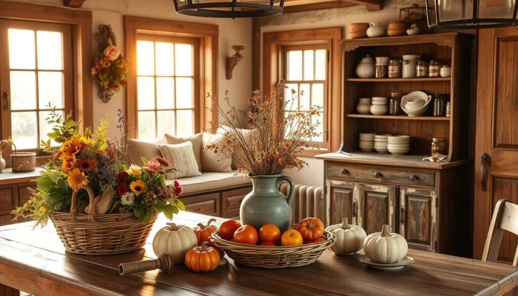 A rustic farmhouse kitchen adorned with seasonal decor, bathed in warm, golden light streaming through large windows. In the foreground, a wooden table showcases a bountiful display of fresh flowers, seasonal produce, and woven baskets. The middle ground features a cozy window seat with plush pillows and a vintage-inspired vase overflowing with wildflowers. In the background, a weathered wooden hutch holds antique ceramic dishes and jars filled with herbs and spices. The overall atmosphere evokes a sense of homey charm and the comforts of country living.