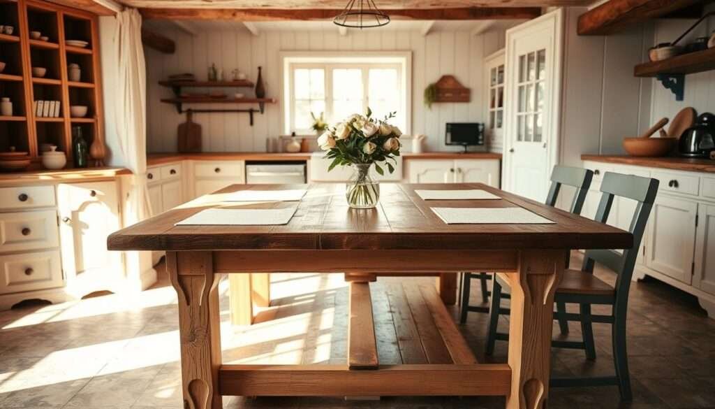 A rustic farmhouse table with a distressed wooden top, set against a backdrop of a cozy country kitchen. Warm, natural lighting floods the scene, casting a soft, inviting glow. The table is adorned with simple, elegant placemats and a vase of fresh-cut flowers, creating a charming, homey ambiance. The surrounding space features whitewashed walls, exposed wooden beams, and a vintage-inspired tile floor, all contributing to the overall farmhouse aesthetic. The composition is framed from a slightly elevated angle, capturing the table's inviting presence and the harmonious blend of traditional and modern elements.