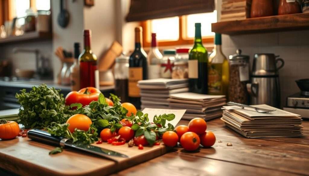 A rustic kitchen counter with fresh ingredients and culinary tools scattered across its surface. In the foreground, a cutting board with colorful vegetables, herbs, and a sharp knife. In the middle ground, glass bottles of wine and various spice jars stand alongside a stack of recipe cards. The background is softly lit, with a window letting in warm, natural light, casting a cozy glow over the scene. The overall atmosphere is one of homemade, artisanal preparation - the essence of simple, delicious pairing recipes.